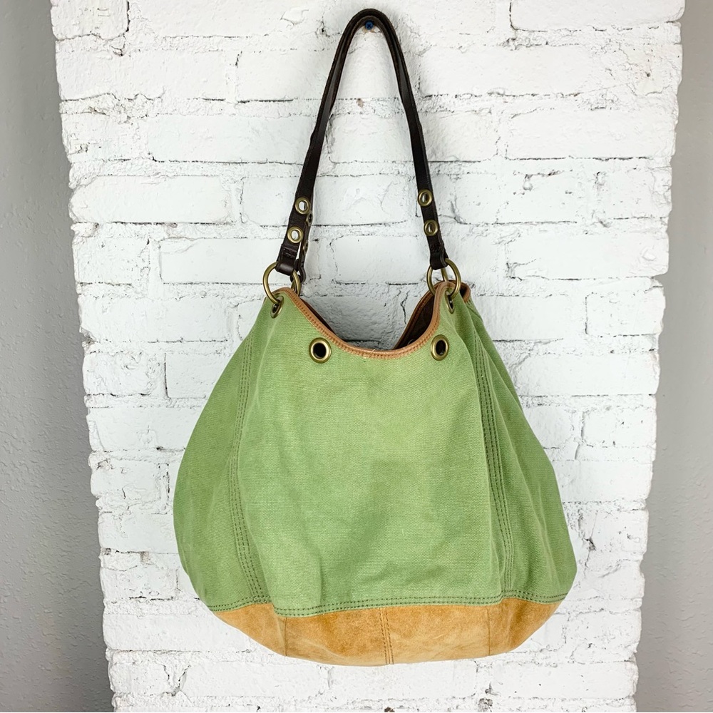 ✔️Lucky Brand Green Canvas Tote, Tan Suede Base, Dark Brown Handles, Extra Large